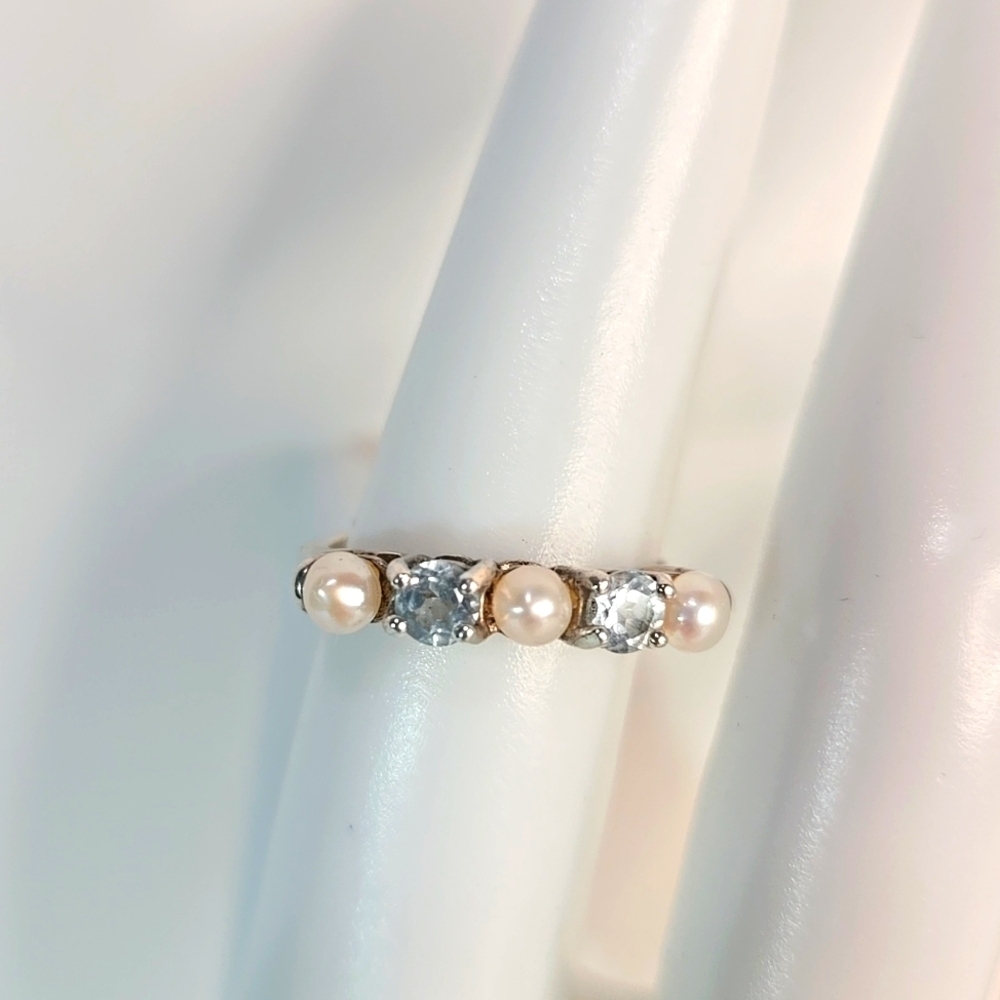 NWOT AVON STERLING SILVER PEARL & BLUE TOPEZ CZ STACK RING SZ 6-7